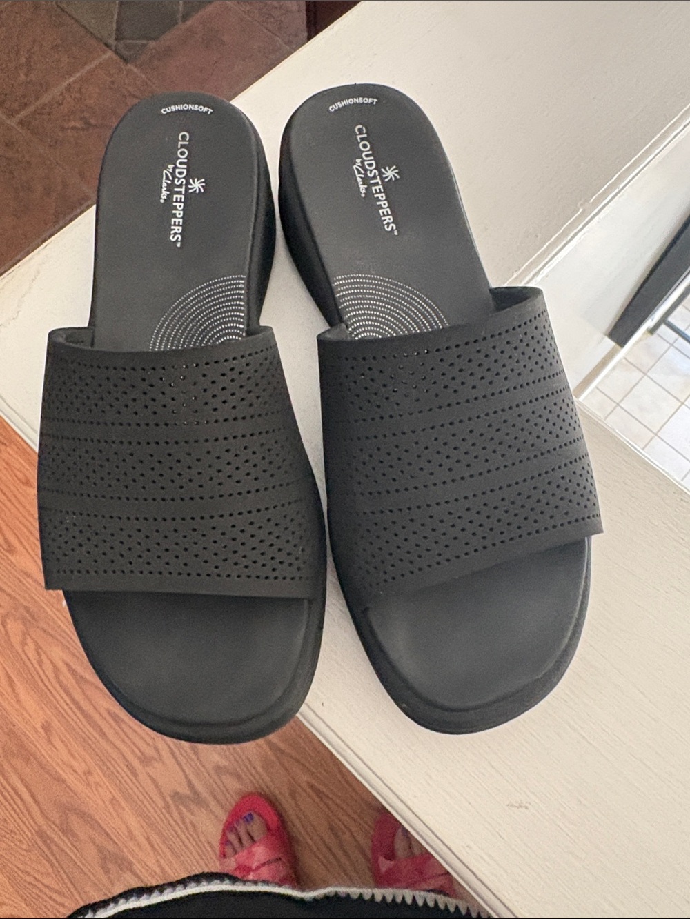 Cloudsteppers by Clarks Black Perforated Slide Sandals - Cushioned Slip-On